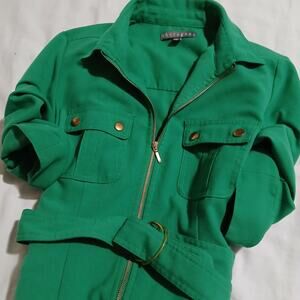 Sheragano/ roll-tab sleeve/zip front/belted shirt dress/ green/ sz 4/easy care
